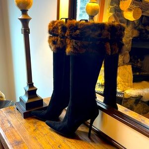 Stuart Weitzman black suede fur (dyed rabbit) boots.